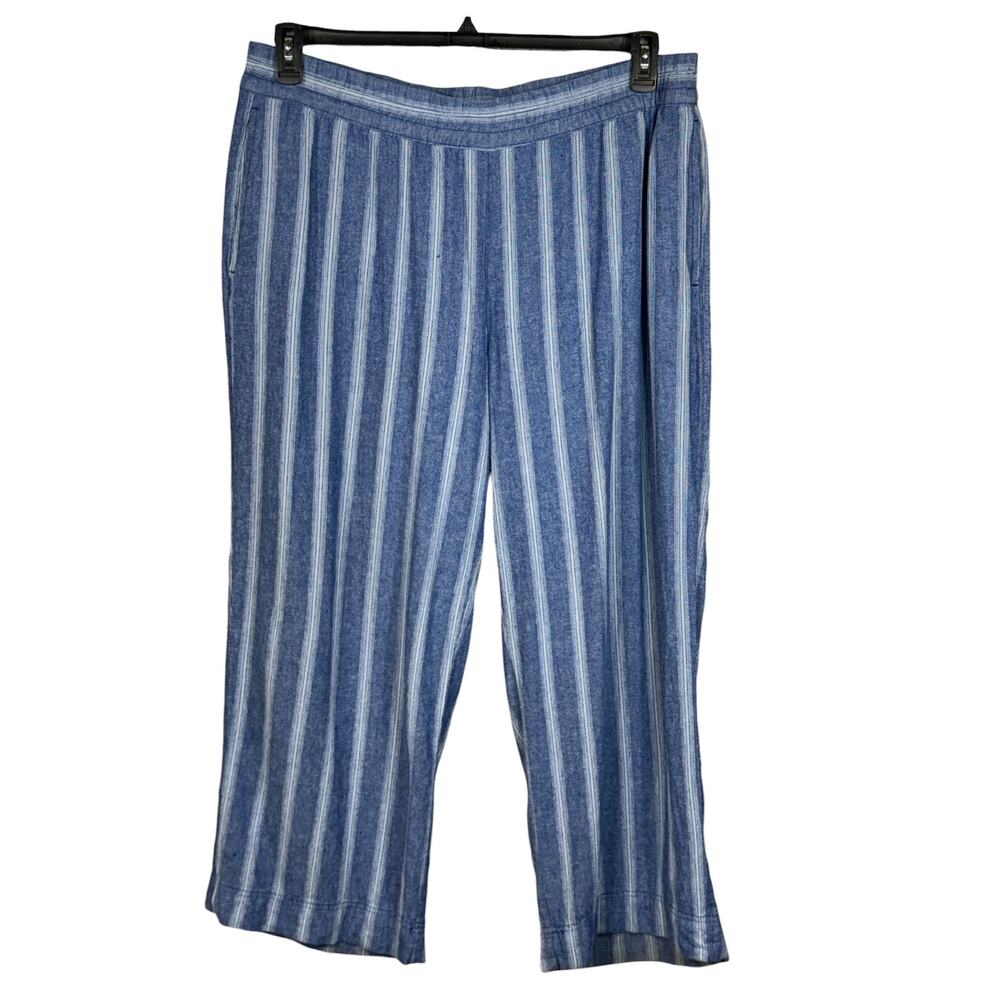 Old Navy X-Large Wide Leg Pants Striped Hi-Rise Pull-On Linen Blend Blue White